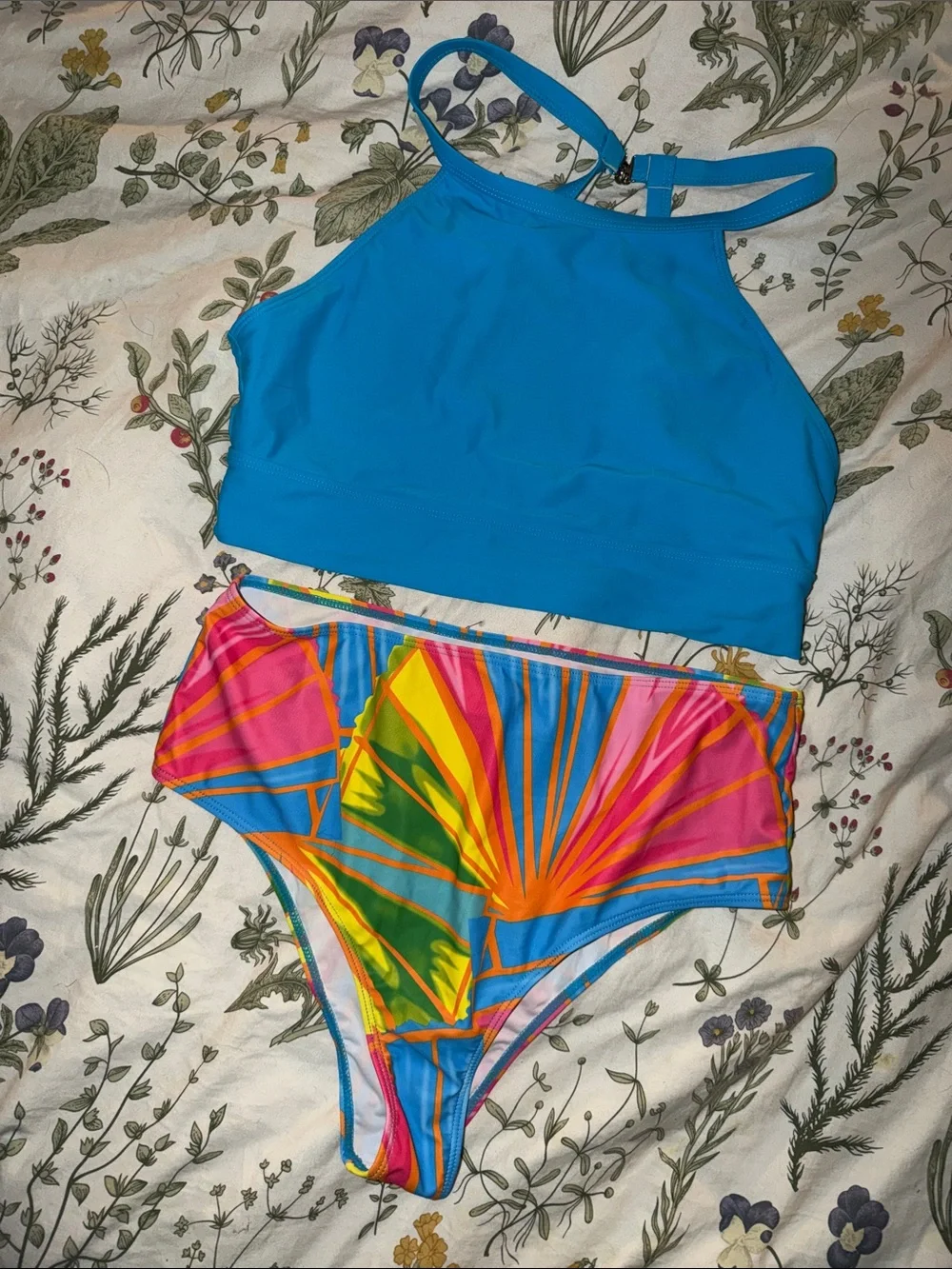 Bright Blue Bikini Top with Colorful High-Waist Bottoms
